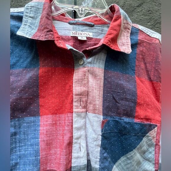 MERONA RED WHITE BLUE PLAID HALF BUTTON UP LONG SLEEVE SHIRT TUNIC TOP SIZE S - Picture 9 of 12